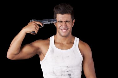 Man aiming a handgun at his head clipart