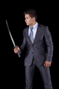 Businessman holding a ninja sword clipart