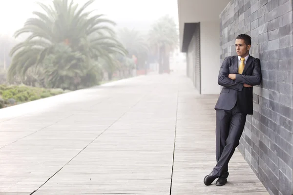 Elegante zakenman naast zijn kantoor — Stockfoto
