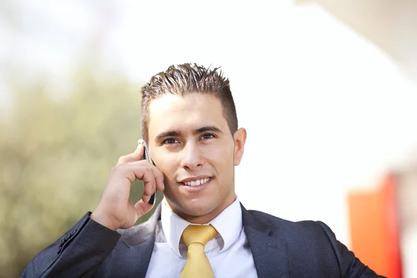 Glad affärsman pratar på hans mobiltelefon — Stockfoto