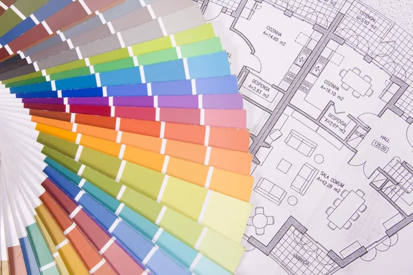 Colorful palette over a blueprint — Stock Photo, Image