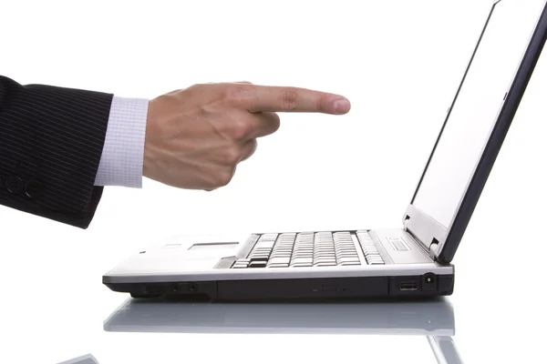 Empresario señalando a la laptop — Foto de Stock