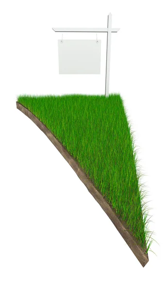 Señal en un pedazo de tierra con hierba aislada en blanco —  Fotos de Stock