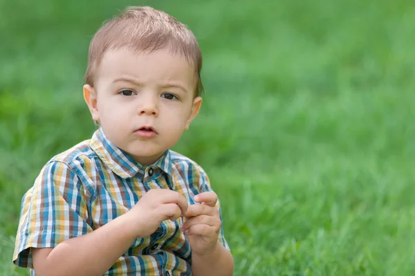 Closeup portrait of a thoughtful toddler against green grass — Stock fotografie