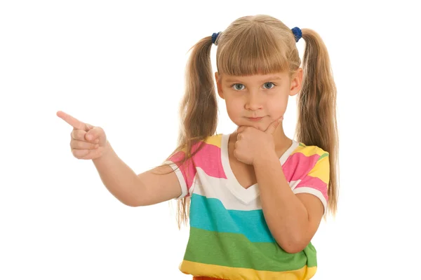 Serious girl pointing aside — Stock Photo, Image