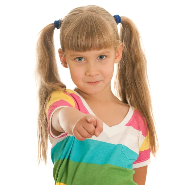 Confident girl pointing forward — Stock Photo, Image