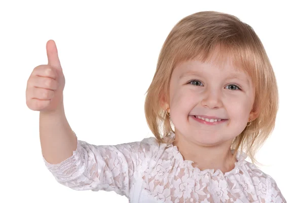 Menina loira feliz segurando polegar para cima — Fotografia de Stock