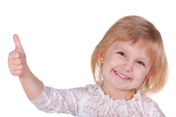 Cheerful girl in white holding thumb up — Stock Photo, Image