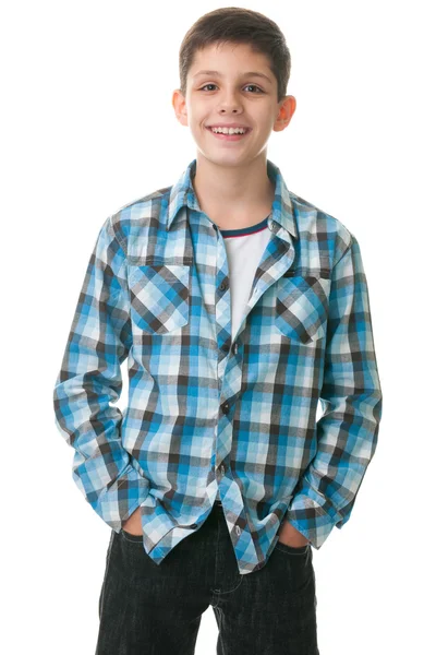 Happy kid with hands inside jeans pockets — Stock Photo, Image