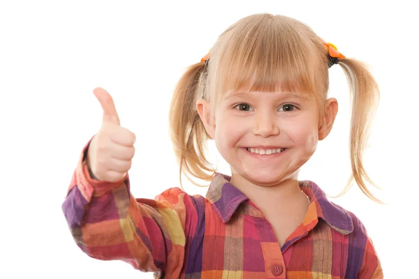 Cheerful girl in casual with thumb up — Stock Photo, Image