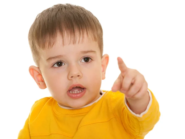 Little boy with fine haircut pointing direction — Stock Photo, Image