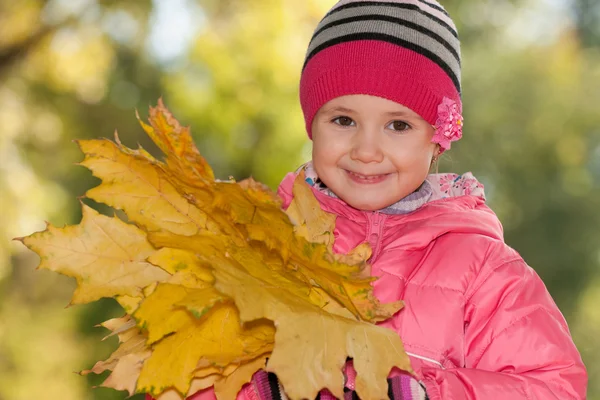 Little girl with the yellow leaves — Stock Photo, Image