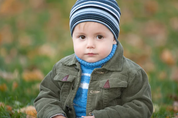 Closeup portrait of a little boy in the autumn park — Stock Photo, Image