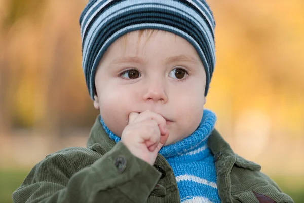Thoughtful boy at autumn background — Stock Photo, Image