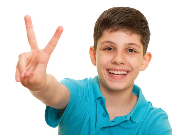 Sukces chłopiec w niebieska koszula — Zdjęcie stockowe