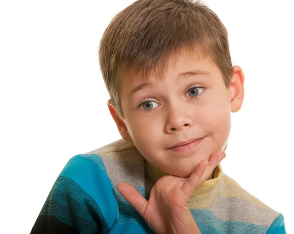 Retrato de close-up de um menino duvidoso isolado em branco — Fotografia de Stock