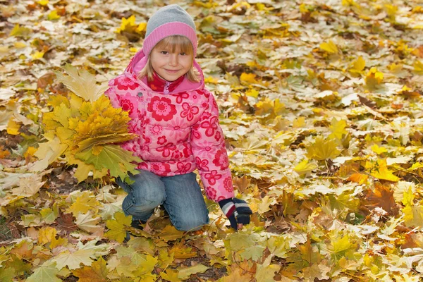 Bambina con foglie gialle — Foto Stock