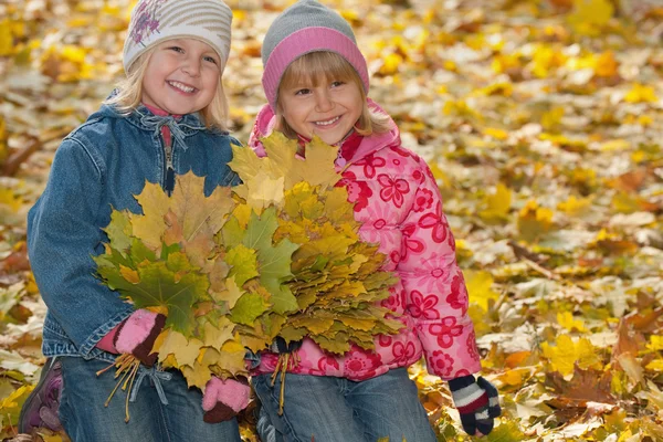 Smiling little girls with autumn leaves — Stock Photo, Image