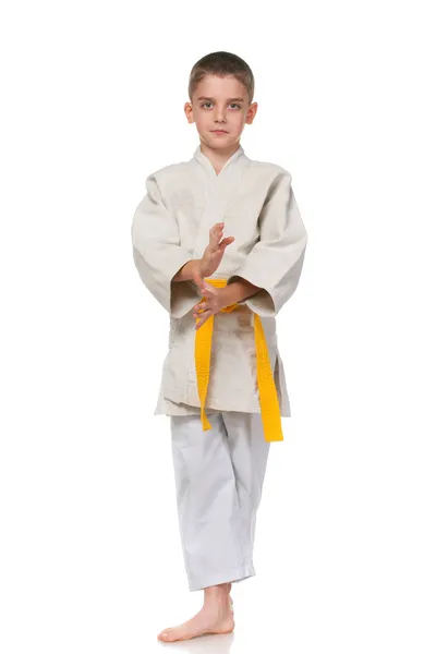Vertrouwen ernstig jongen in kimono — Stockfoto