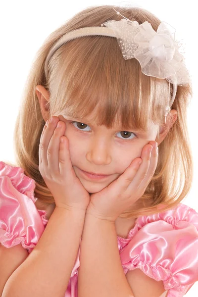 Empathizing girl in pink Stock Photo