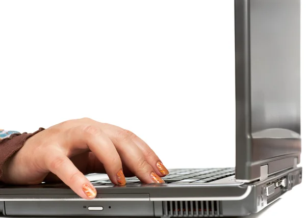 Lady is pressing enter on the laptop — Stock Photo, Image