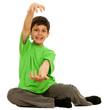 Boy showing the size of present he wants to get clipart