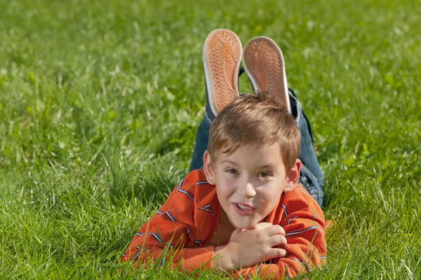 Junge auf der Wiese überrascht — Stockfoto