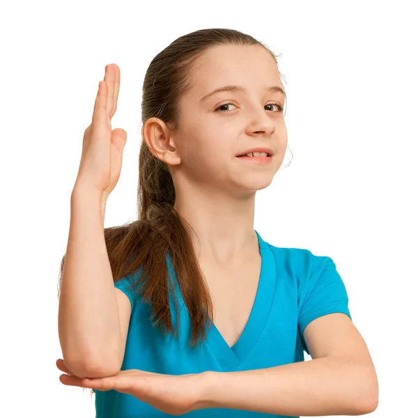 Schoolgirl met een verrezen hand — Stockfoto