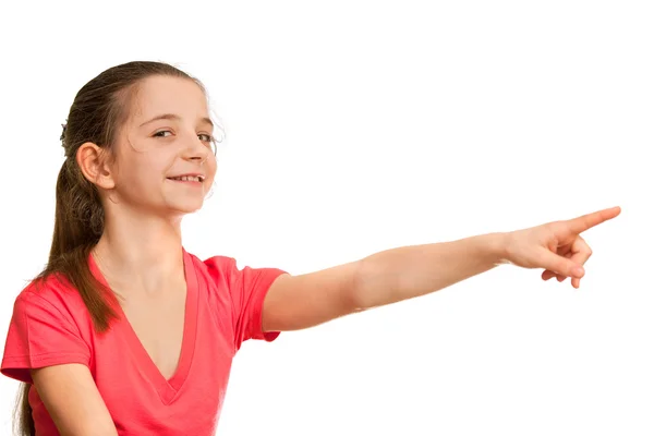 Pointing forward girl in red — Stock Photo, Image