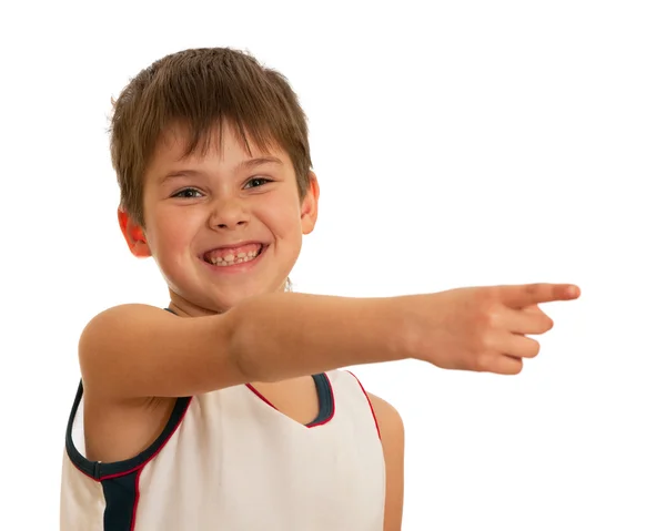 Pointing forward happy kid — Stock Photo, Image