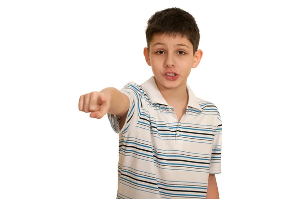 Rapaz falante apontando para a frente — Fotografia de Stock