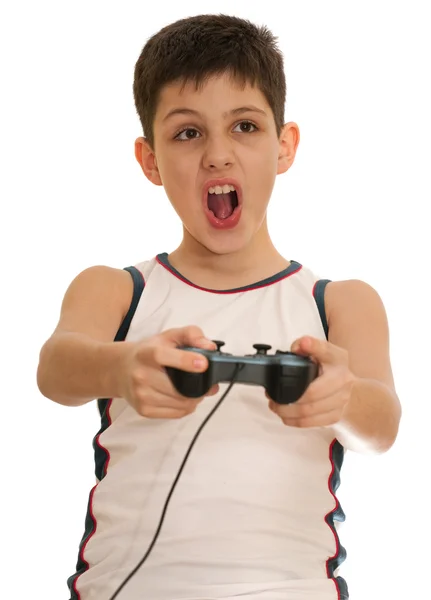 Ardor garçon joue à un jeu d'ordinateur avec joystick — Photo