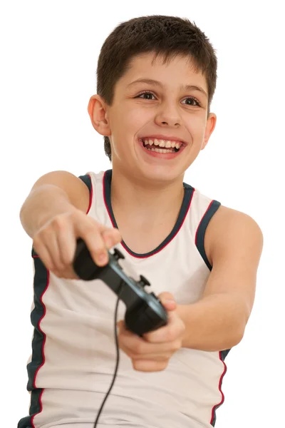 Подросток играет в компьютерную игру с джойстиком — стоковое фото