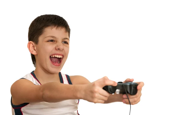 Glühender Junge spielt ein Spiel mit Steuerknüppel — Stockfoto