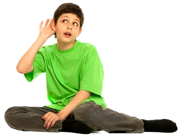 Hezký chlapec snaží slyšet více — Stock fotografie