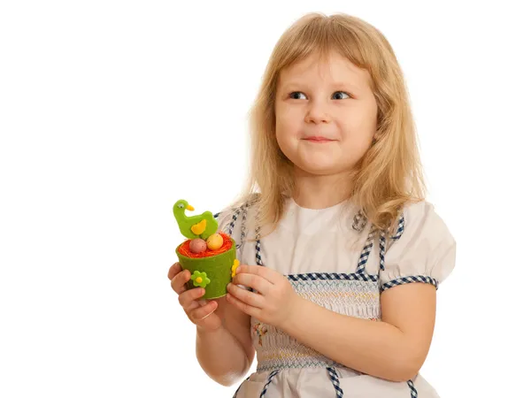 Happy blonde girl holding easter hen — Stock Photo, Image