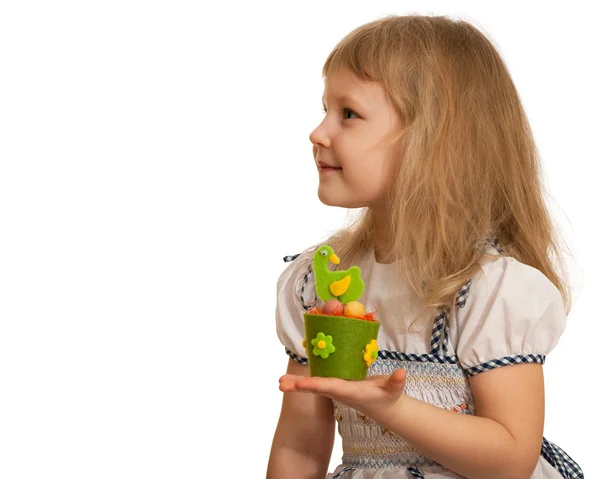 Menina com brinquedo de Páscoa — Fotografia de Stock