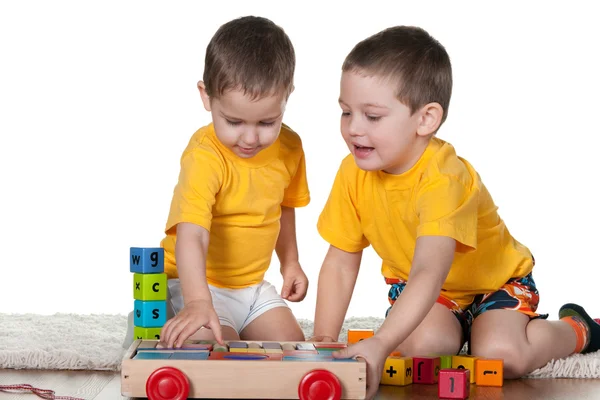 Two brothers playing blocks — Stock Photo, Image