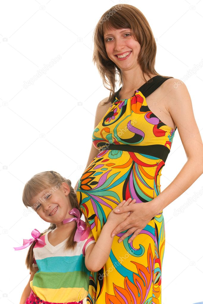 Laughing pregnant lady and her elder daughter
