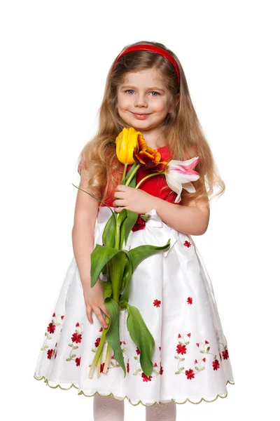 Szép kislány, virágok — Stock Fotó