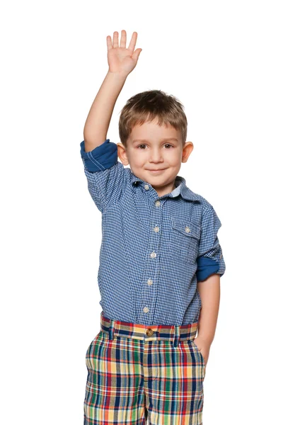Мальчик держит руку вверх. — стоковое фото