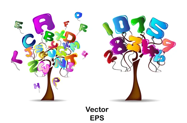Fák léggömbökkel a betűk és számok alakja — Stock Vector