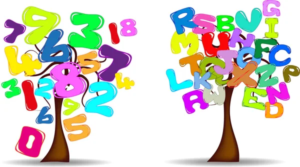 Trees with balloons in the shape of letters and numbers — Stock Vector