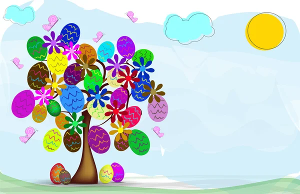 Sfondo di Pasqua con albero primaverile e ovetti decorati — Stockvector