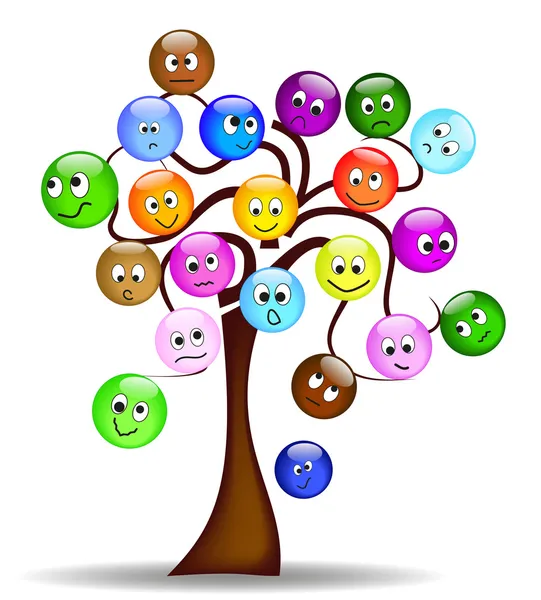 Bel arbre avec des smileys colorés avec une expression différente — Image vectorielle
