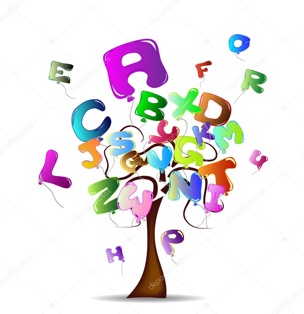Tree with bright balloons in the shape of letters