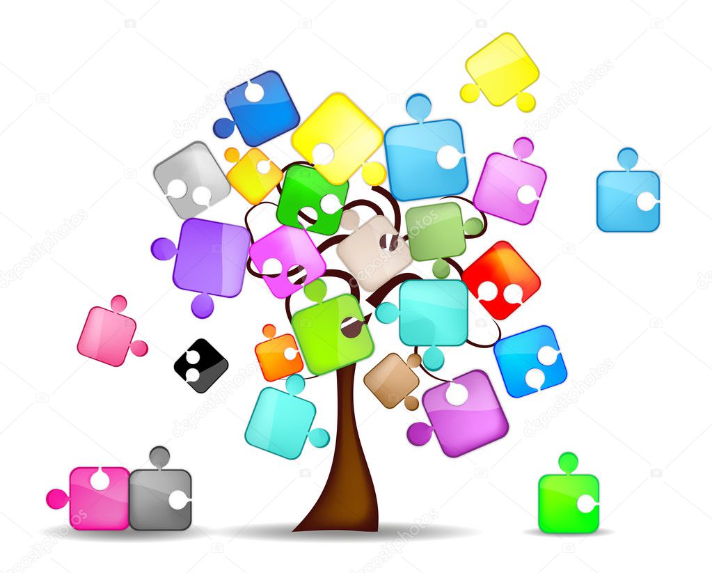 Abstract background with tree and colorful puzzle