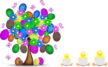 Allegro sfondo di Pasqua con albero, ovetti e pulcini