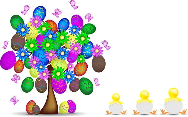 Allegro sfondo di Pasqua con albero, ovetti e pulcini — Wektor stockowy