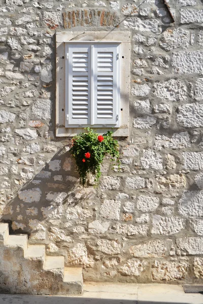Casa solar exterior con escaleras y ventana con flores en Croacia —  Fotos de Stock